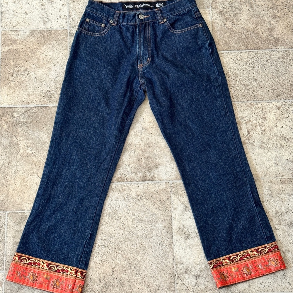 Fishbone Capri Jeans Small – Dark Wash Denim with Boho Embroidered Cuffs
